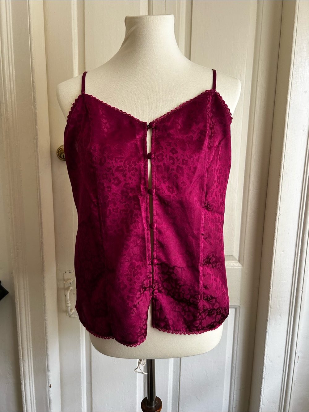 Vintage Erika Taylor Raspberry Pink Jacquard Camisole Tank Button Lace Medium